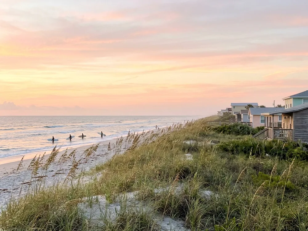 Surfers on the Atlantic at sunrise on the beachside