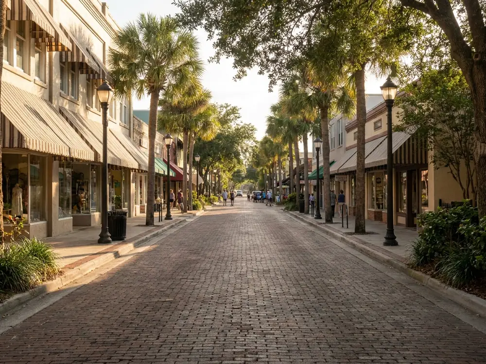 Brick street with historic storefronts in Cocoa Village