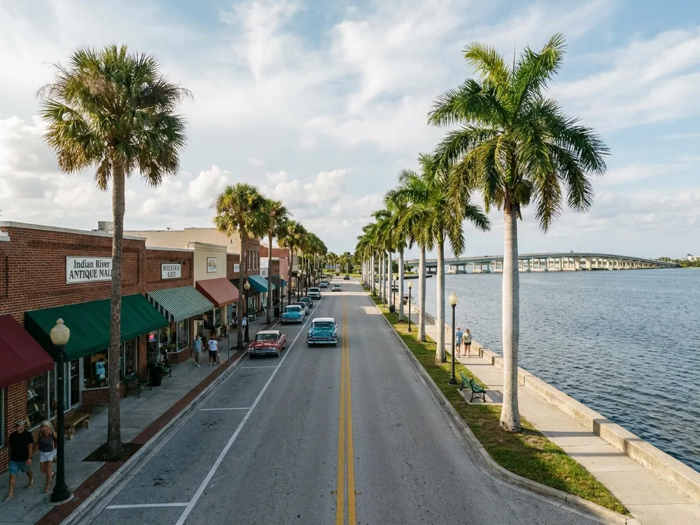 Palm-lined street along the Indian River Lagoon