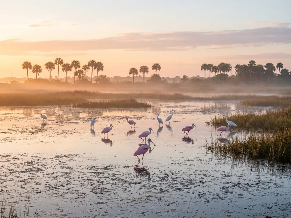 Roseate spoonbills and egrets in a marsh on Merritt Island