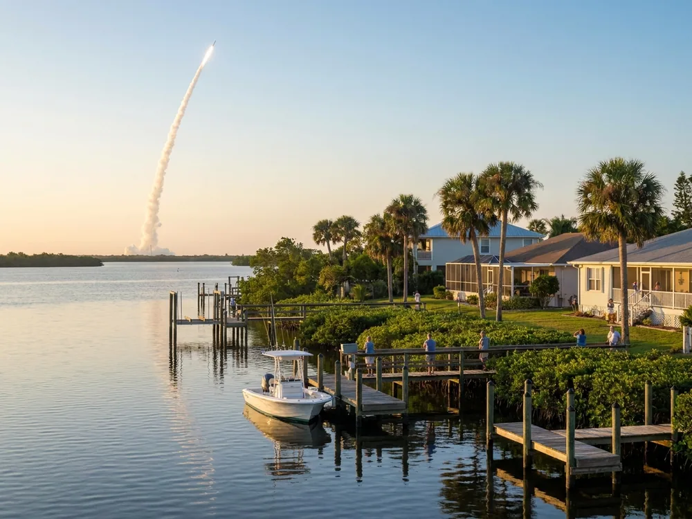 Riverfront homes in Port St. John with a rocket launch in the distance
