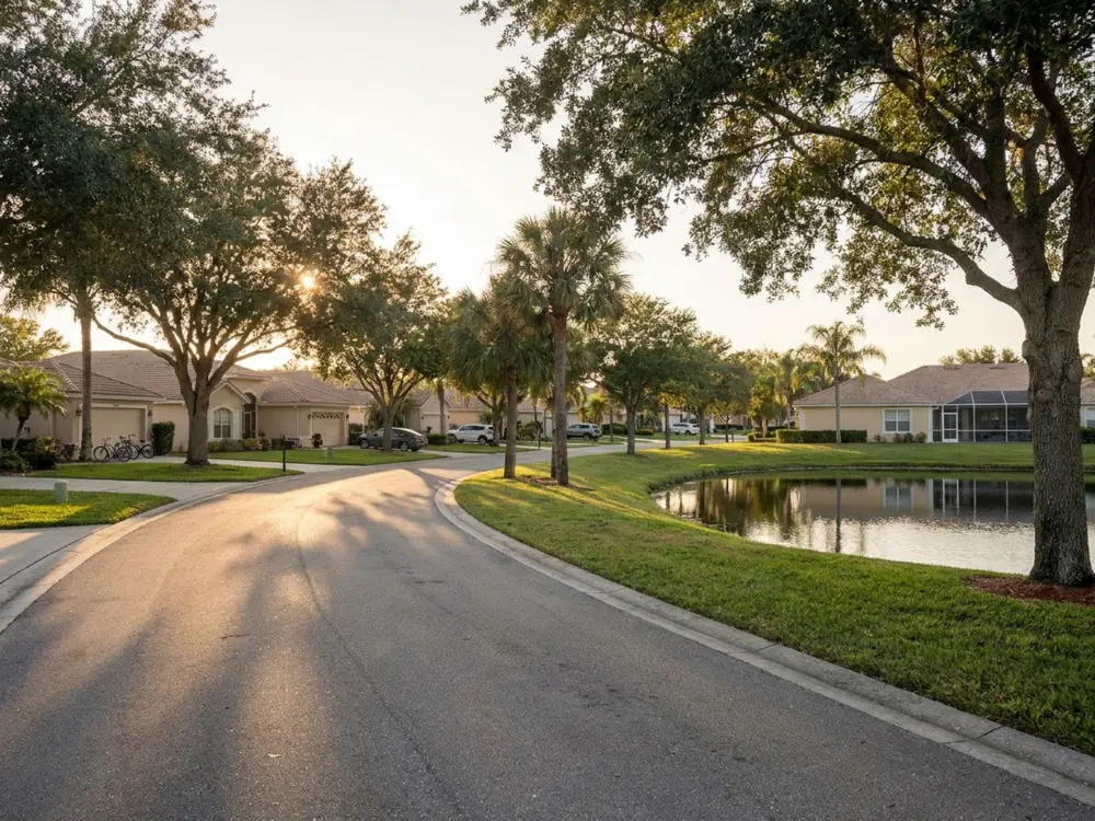 Quiet street with palm trees and a pond in West Melbourne