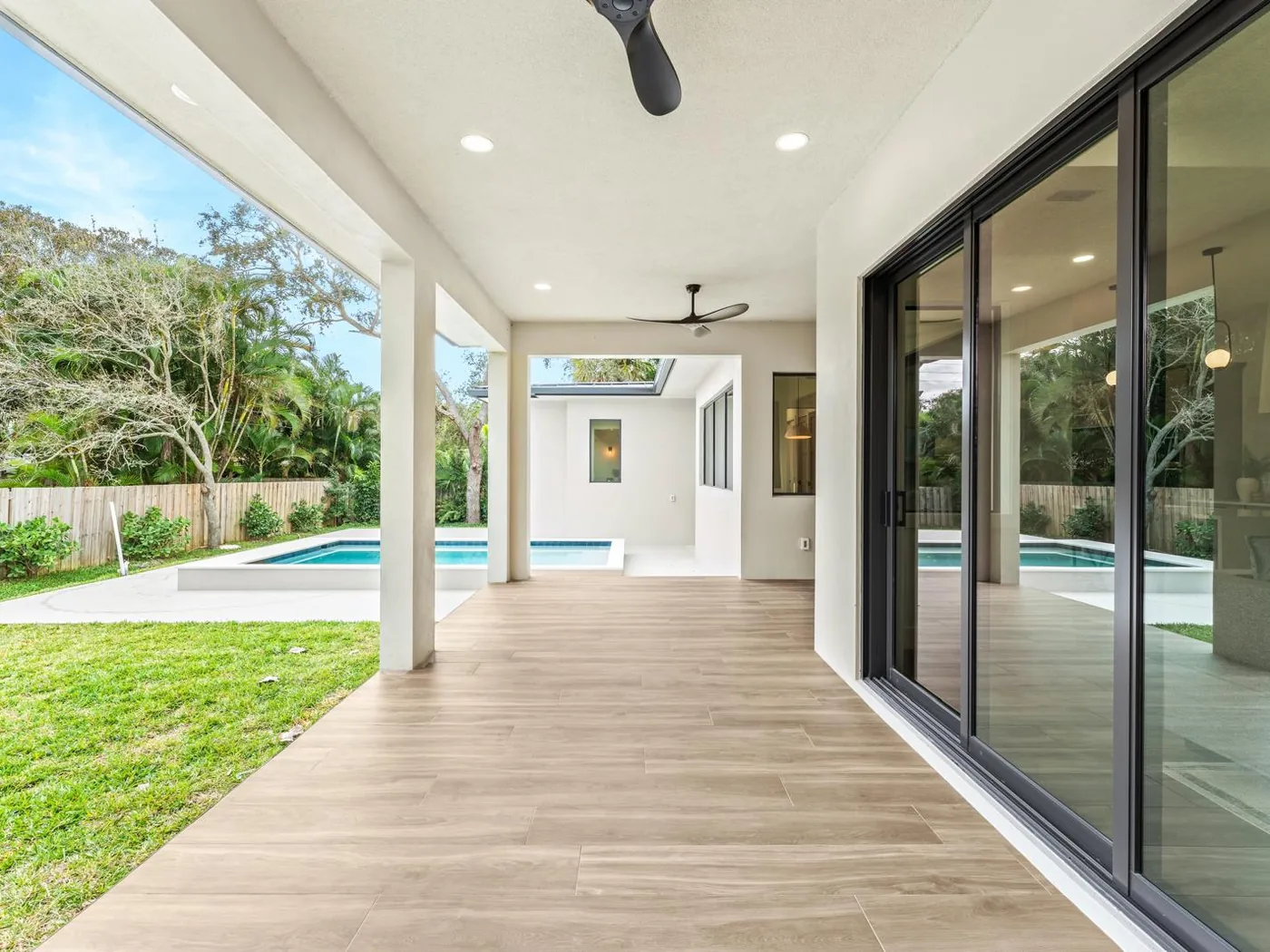 Wood-look tile on a covered patio