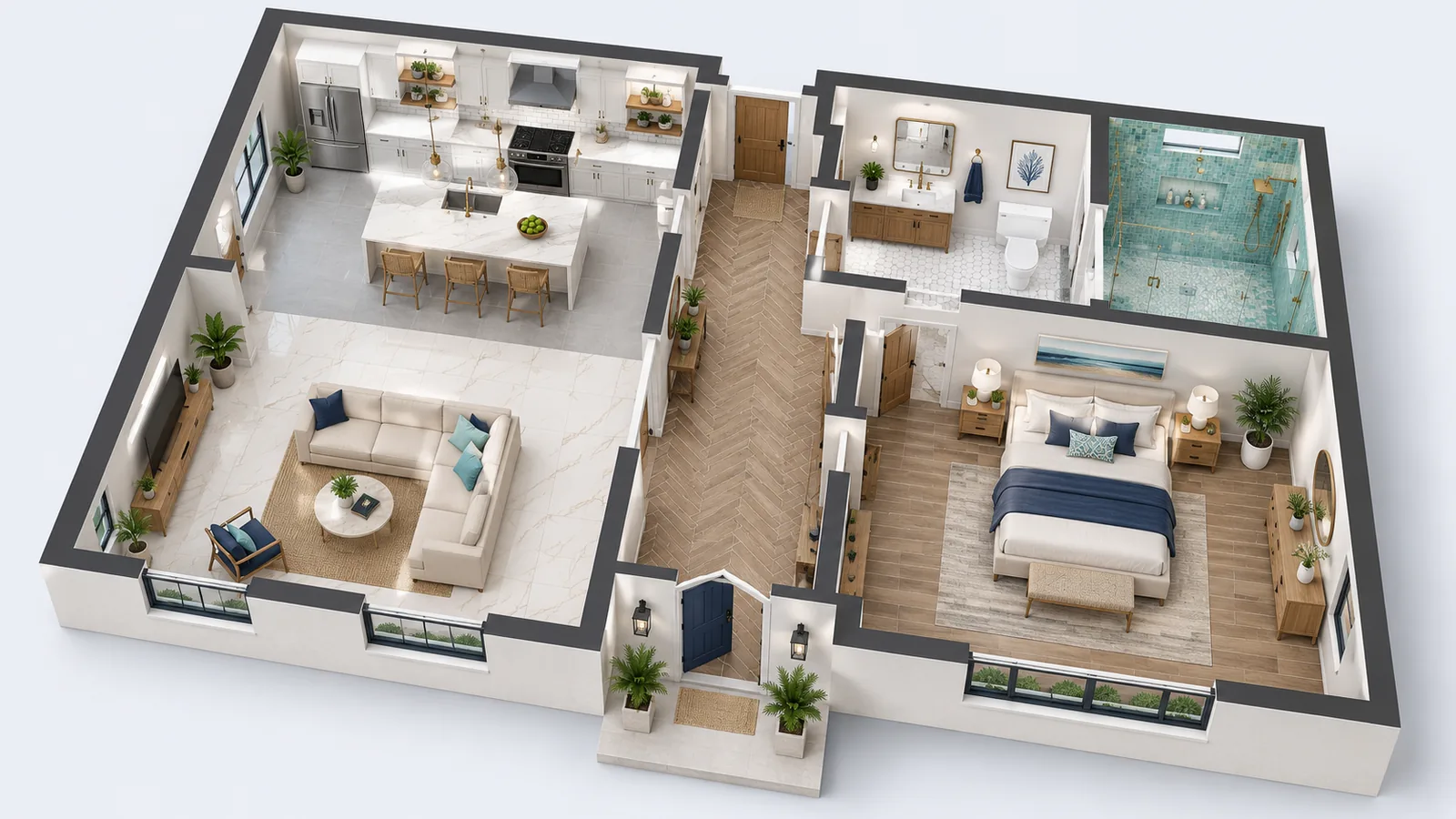 3D illustration of a home cut away to show the tile and floors in each room